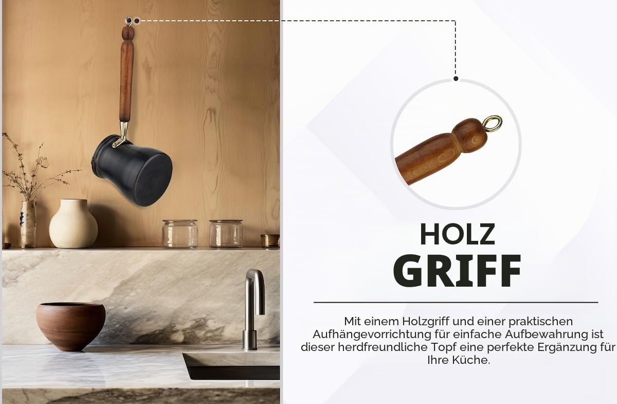 DEMMEX Türkische Kaffeekanne Cezve Ibrik Griechischer Kaffee Briki Herd Kaffeemaschine mit Holzgriff und Löffel, 1 mm dickes Kupfer, handgefertigt in der Türkei, 6 Portionen