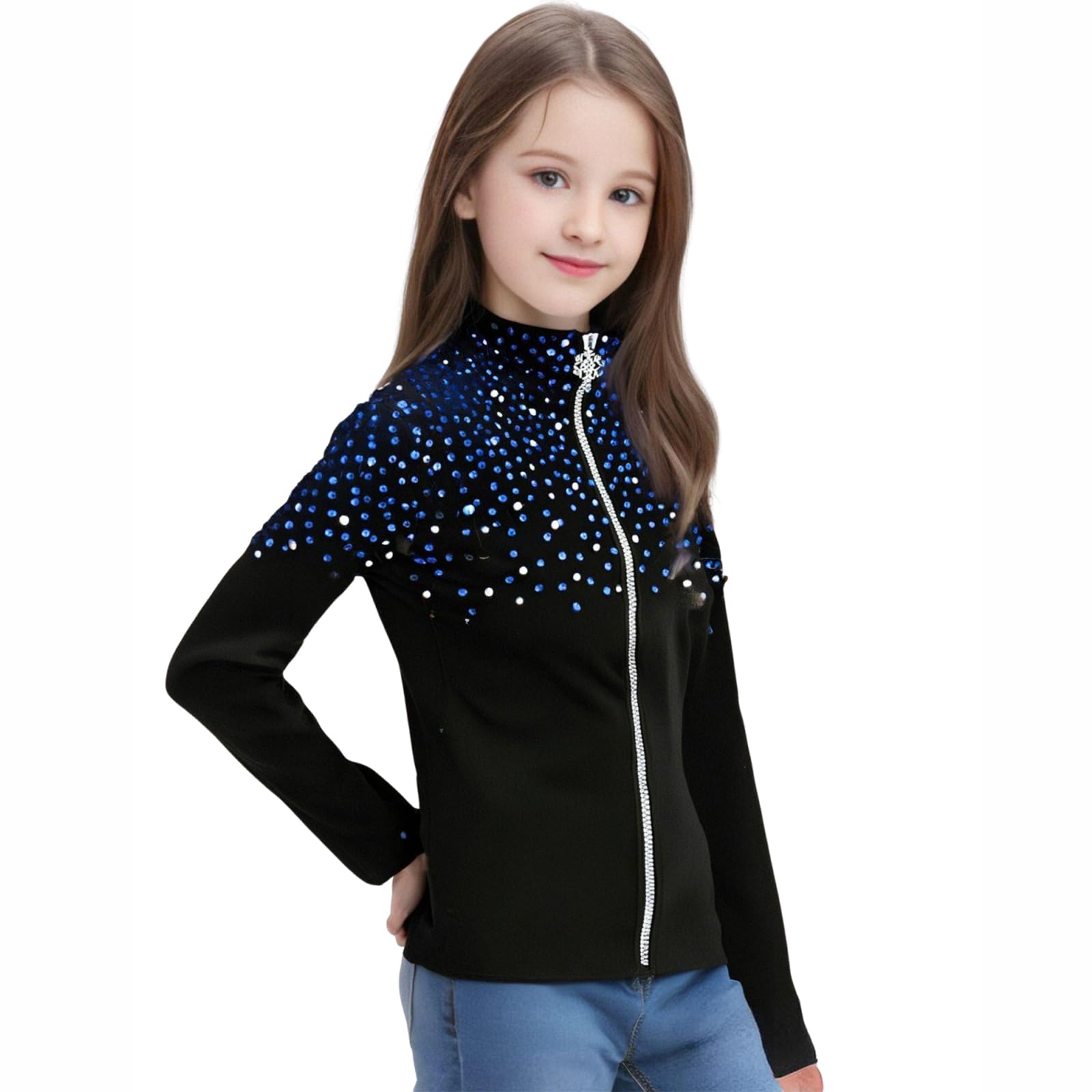 JoyCan Girl's Black Ice Skating Training Jacket with Blue Rhinestones and Plush Stylish and Warm Skating Training Clothes