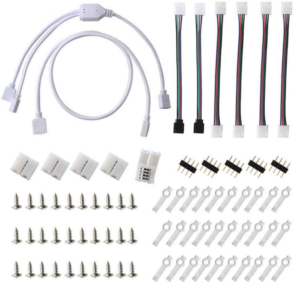 RUNCCI-YUN 5050 4 Pin LED Light Strip Connector Kit 2 WayRGB Splitter Cable,10mm Strip Jumper Connectors, RGB Extension Cable, LED Light Strip Clips, Gapless Connectors