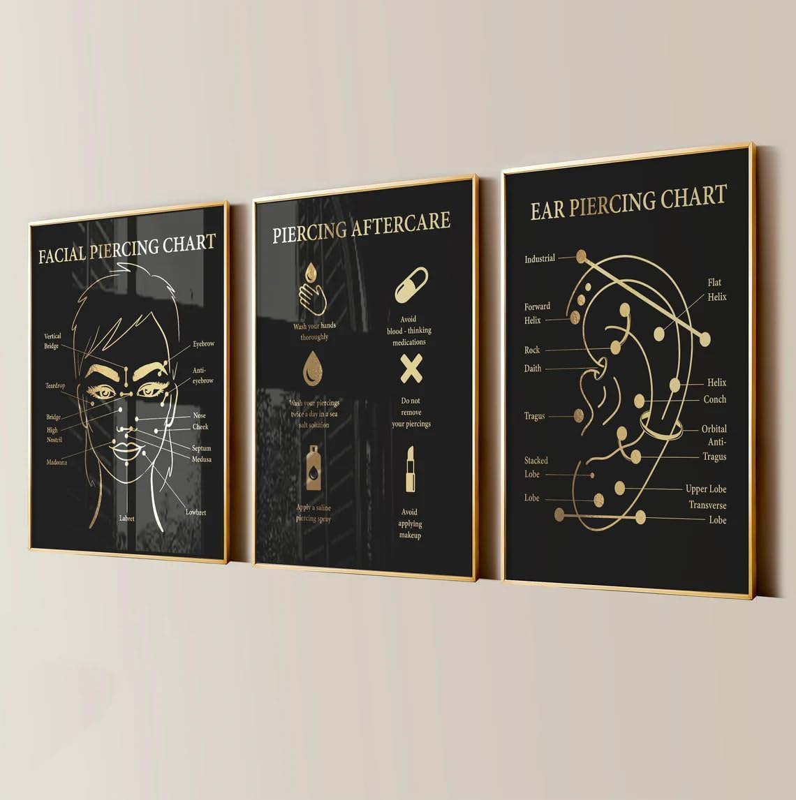 Ear Piercing Chart Facial Piercing Canvas Painting 3 Pieces Piercing Aftercare Body Piercer Posters Prints Wall Art Pictures for Piercing Salon Decor with Wooden Inner Frame