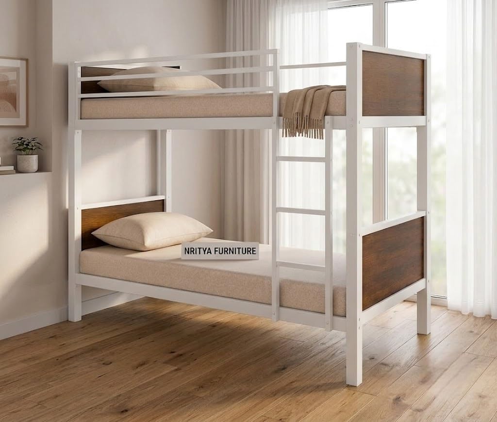 Metal & Wooden Bunk Bed for Kids | Twin Over Twin Bunk Bed | Double Decker Kids Bed | Heavy Duty Bunker Bed | Bed Frame | Bunk Beds for Children | Kids Bedroom | Safety Guard Rail | 6.5 x 3 Ft-image-46