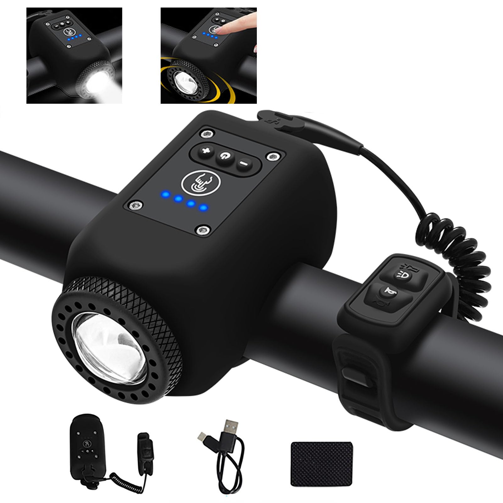 Klaxon de Vélo Électronique avec Lumière, Mini Sonnette 6 Sons, Phare Rechargeable USB-C, Volume Réglable, 4 Modes d'Éclairage, Résistant à l'Eau