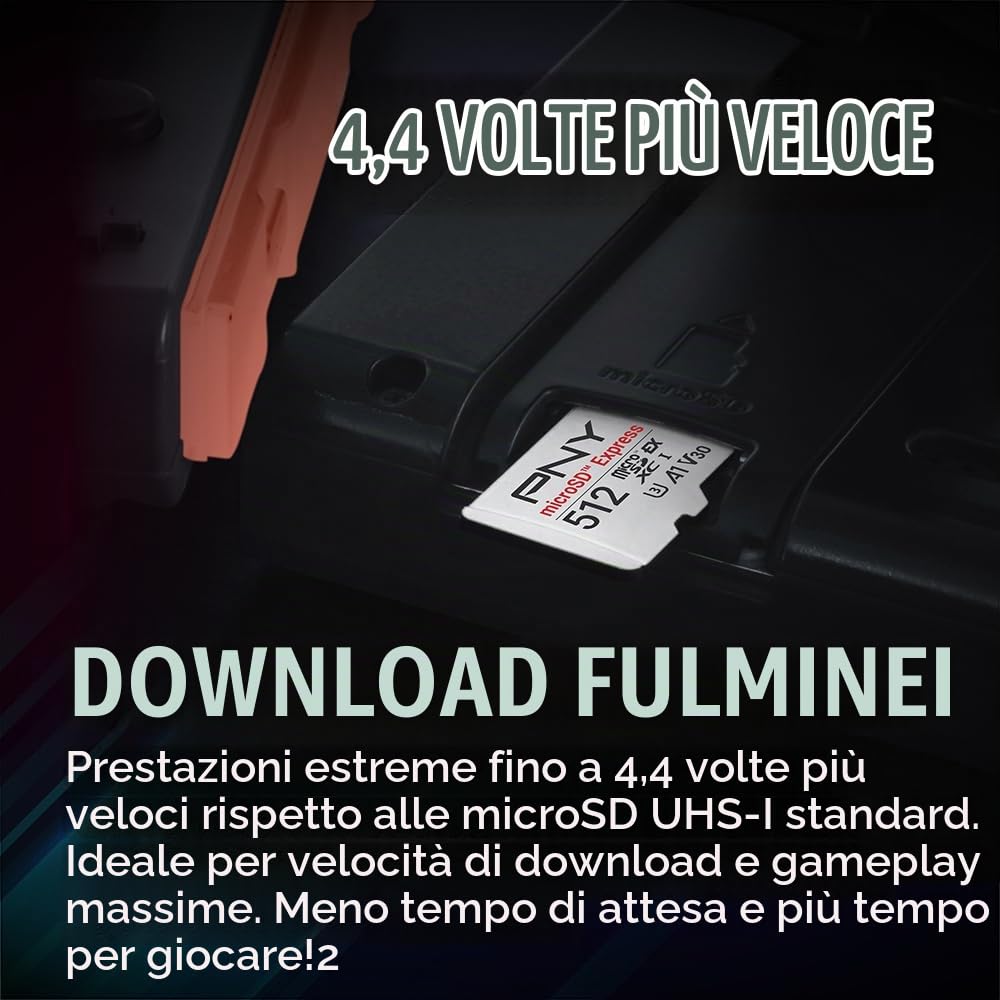 PNY Scheda microSD™ Express 512GB UHS-I U3 V30 A1, fino a 890MB/s in lettura e fino a 810MB/s in scrittura, ideale per dispositivi compatibili con microSD Express come Nintendo Switch 2