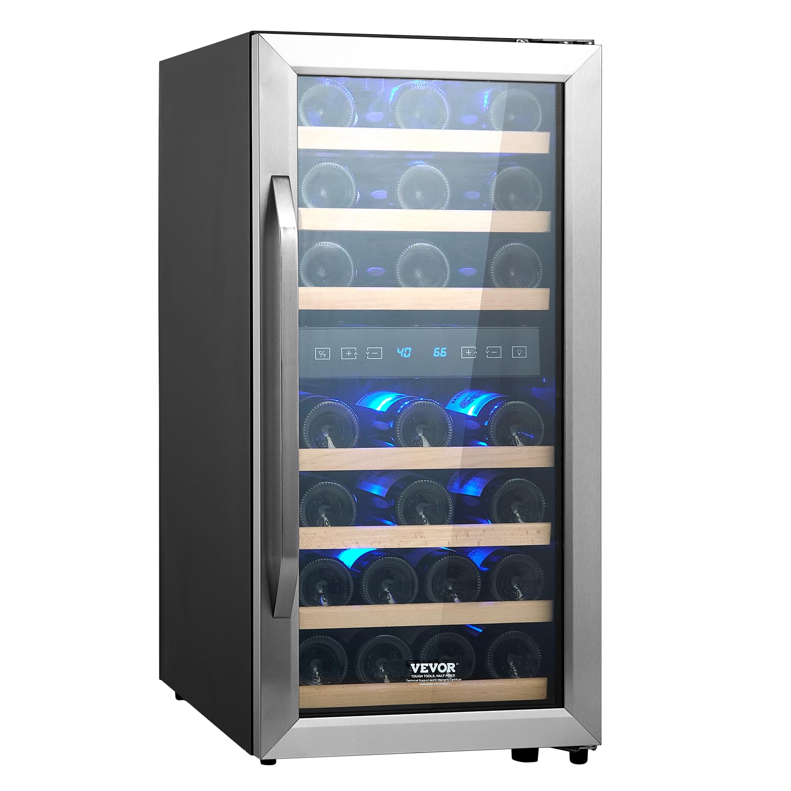 VEVOR Enfriador de Vino para 33 Botellas de Doble Zona y Temperatura, Independiente con Refrigeración por Aire Circulante y Control Digital, Puerta de Vidrio Templado Protección UV, 395 x 580 x 840 mm