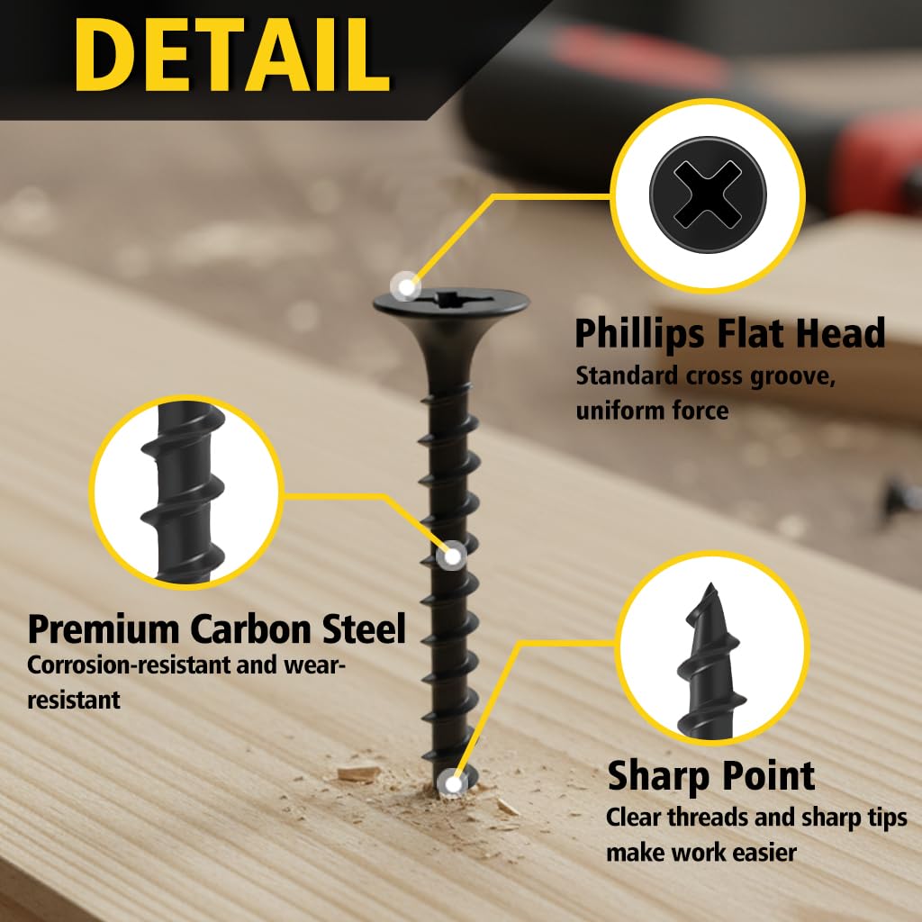 Drywall Screws 1/2 Inch, 115PCS, FIXLINK #6 x 1/2" Wood Screws, Black