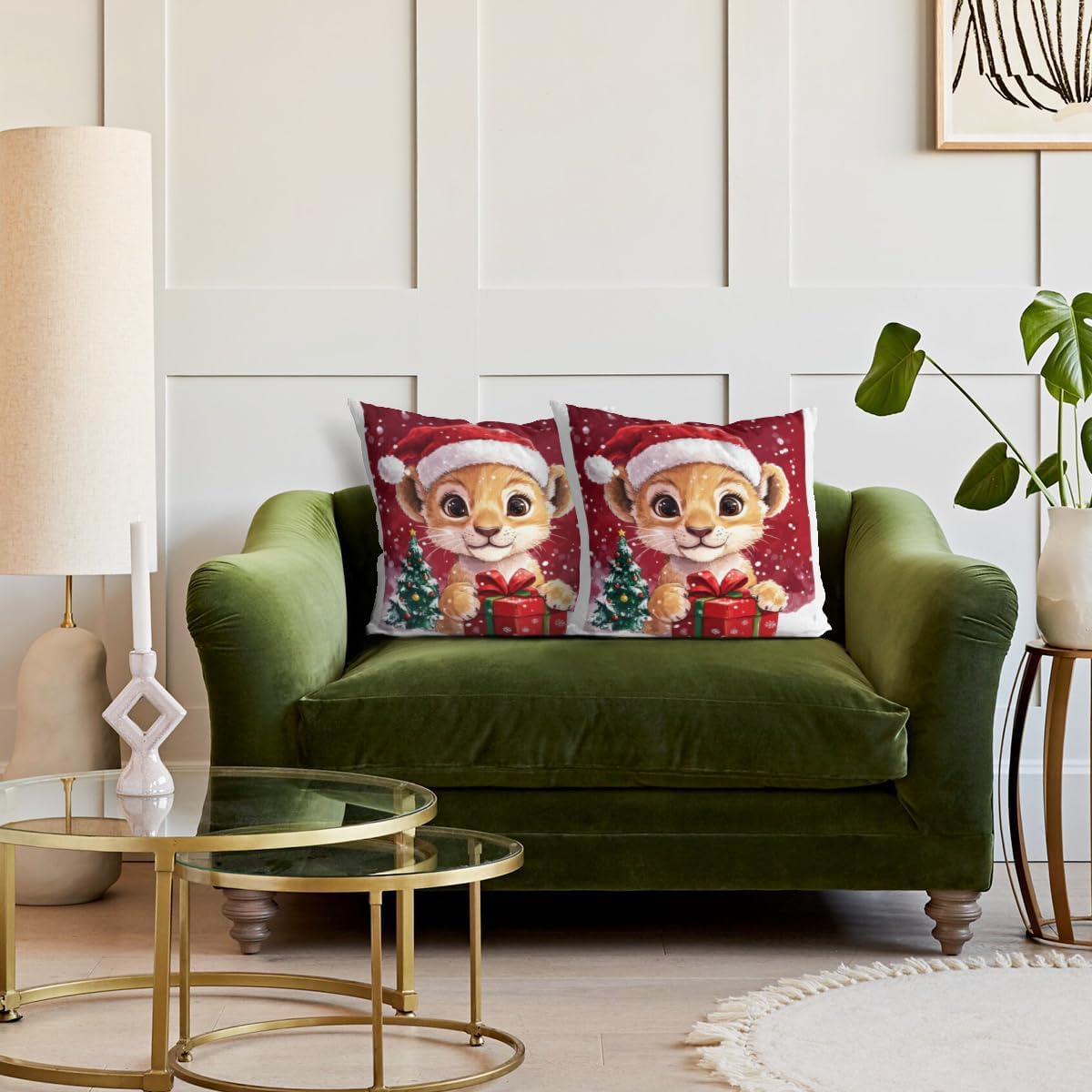 Christmas Lion Hat Throw Pillow Cover Merry Christmas 28x28 Inch Set of 2 Linen for Sofa Couch Room Home Decor Cushion Cover (Red)