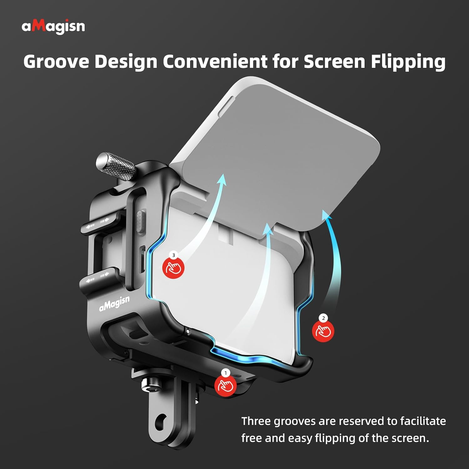 Image depicting a person riding a dirt bike, with an inset showing the secure screw mechanism of the aMagisn cage, emphasizing vibration resistance.