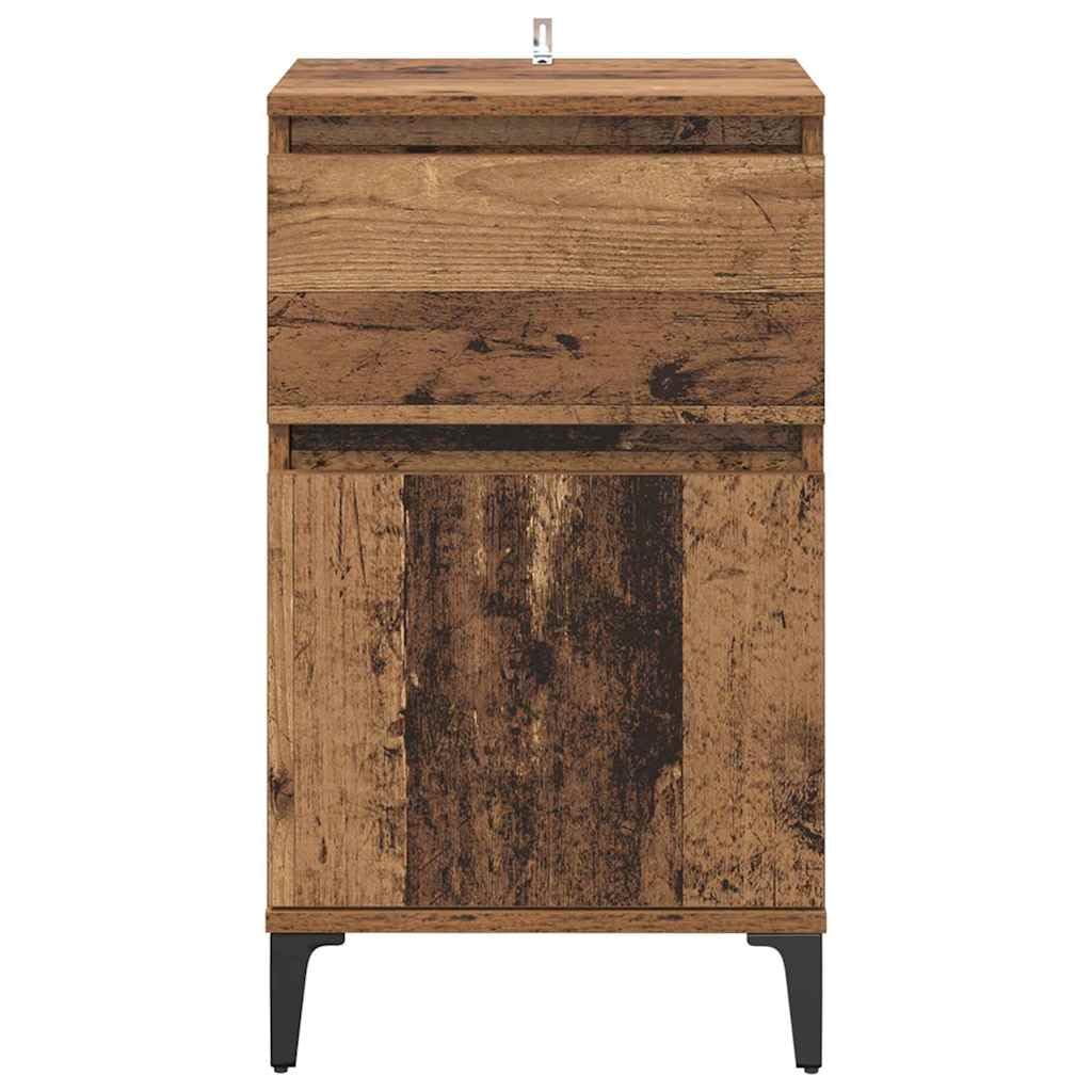 Juego de 2 mesitas auxiliares de madera con aspecto de madera envejecida | Mesas auxiliares compactas para el dormitorio con patas de acero resistentes y práctico cajón de diseño industrial.