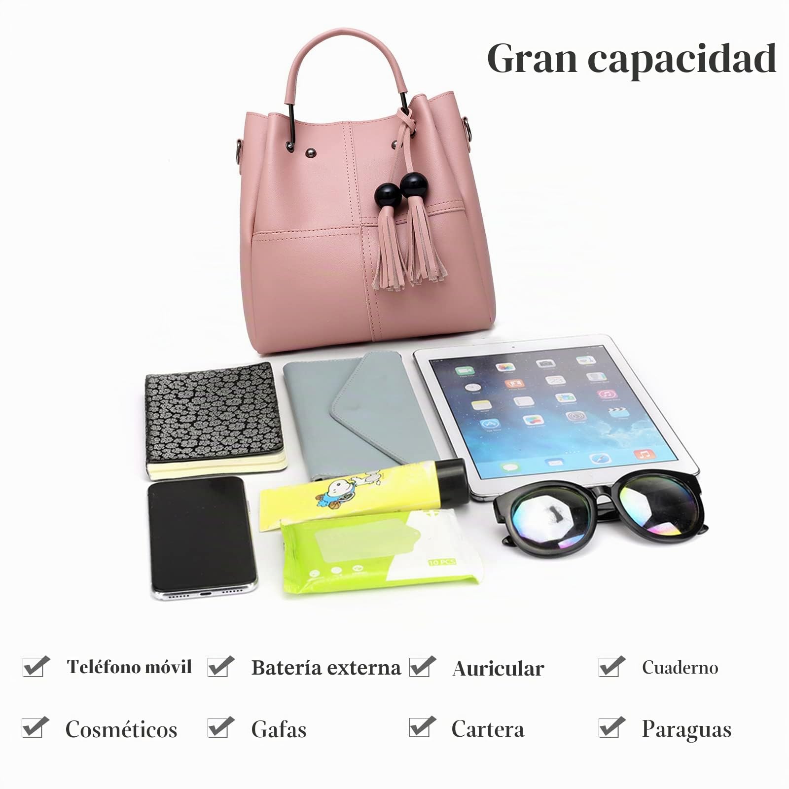 FANDARE Moda Bandolera de Cubo 3pcs Set Bolsos Totes para Mujer Impermeable Shoppers y Bolsos de Hombro Bolsos con Flecos Bolso PU Cuero Bolso Bandolera con Cadena para Viajes Compras Trabajo Rojo