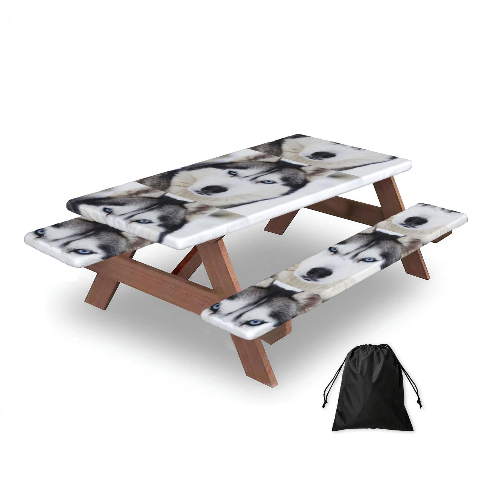 Dopklna As Picture Cute Husky, Picnic Table Cover With Bench Covers -Waterproof Elastic Fitted Tablecloth For Garden Camping Patio 76X152cm