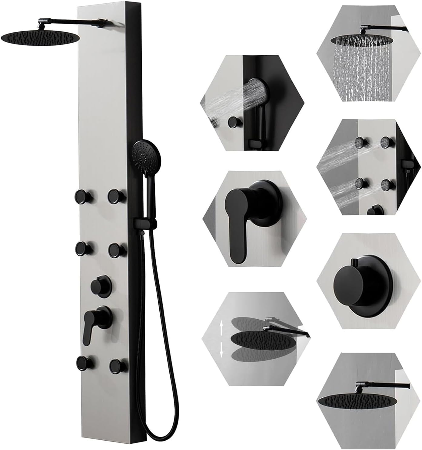 BWE Shower Panel Tower System Brushed Nickel Stainless Steel 3-Function Faucet Rainfall Shower Head, Handheld Sprayer, Massage Body Jets