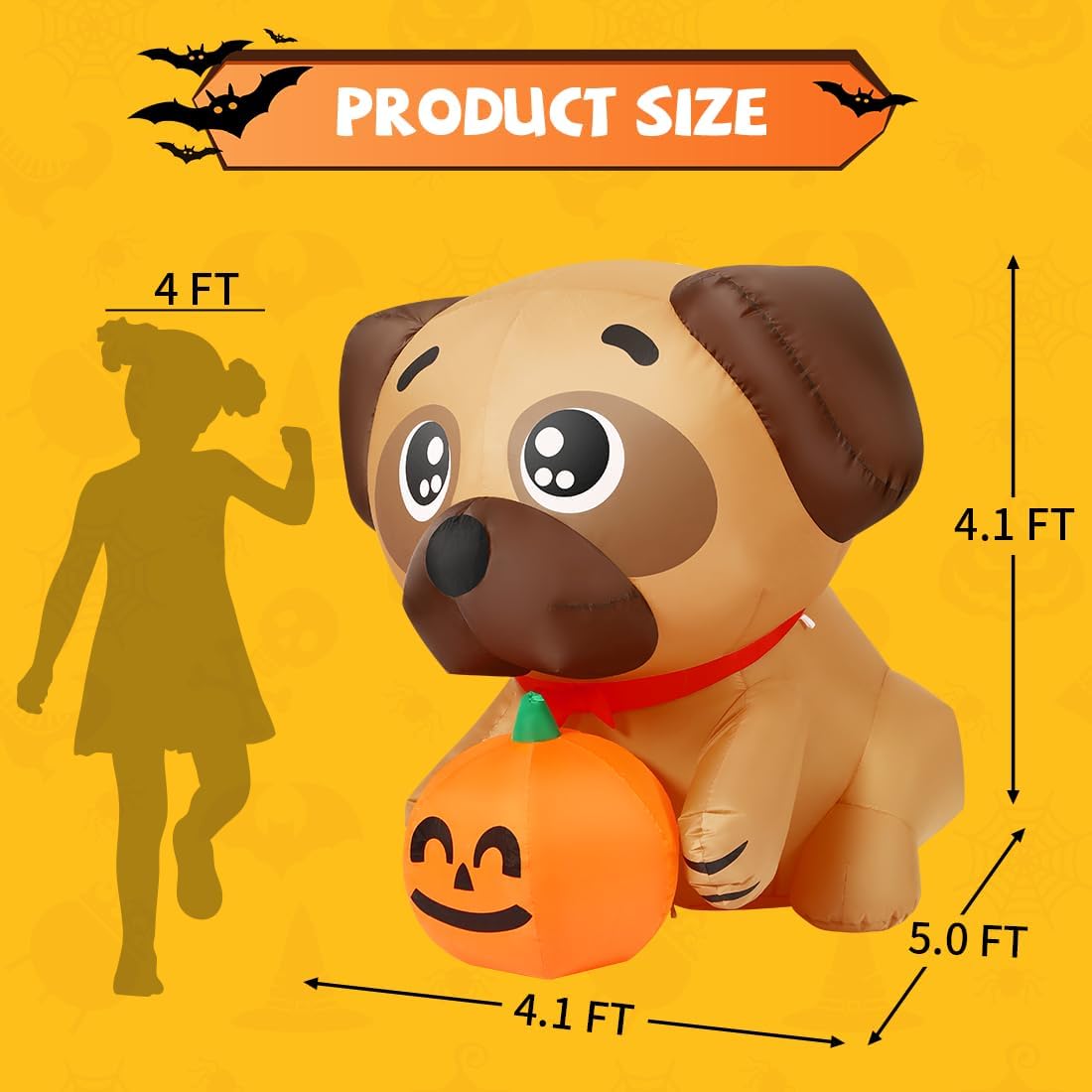 COMIN 5 FT Long Halloween Inflatables Dog Outdoor Yard Decorations Blow Up Pug Holding Pumpkin with Built-in LEDs for Indoor Party Garden Lawn Decor