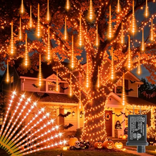 LAMPHOME Halloween Lights Outdoor 12-inch LED Meteor Shower Icicle Lights 10 Tubes 240 LED String Lights. Waterproof Plug Shower Rain for Xmas Tree Yard House Decor Orange