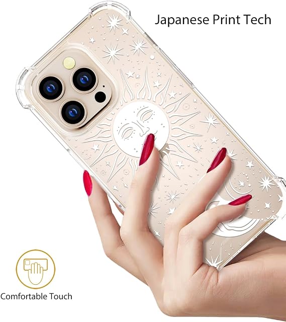 iPhone 16 Pro Max対応 ケース デザイナー キュート クリア 女性用 透明 シリコン Promax 電話ケース デザイン ホワイトムーン サン スターズ