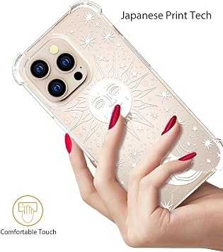 iPhone 16 Pro Max対応 ケース デザイナー キュート クリア 女性用 透明 シリコン Promax 電話ケース デザイン ホワイトムーン サン スターズ