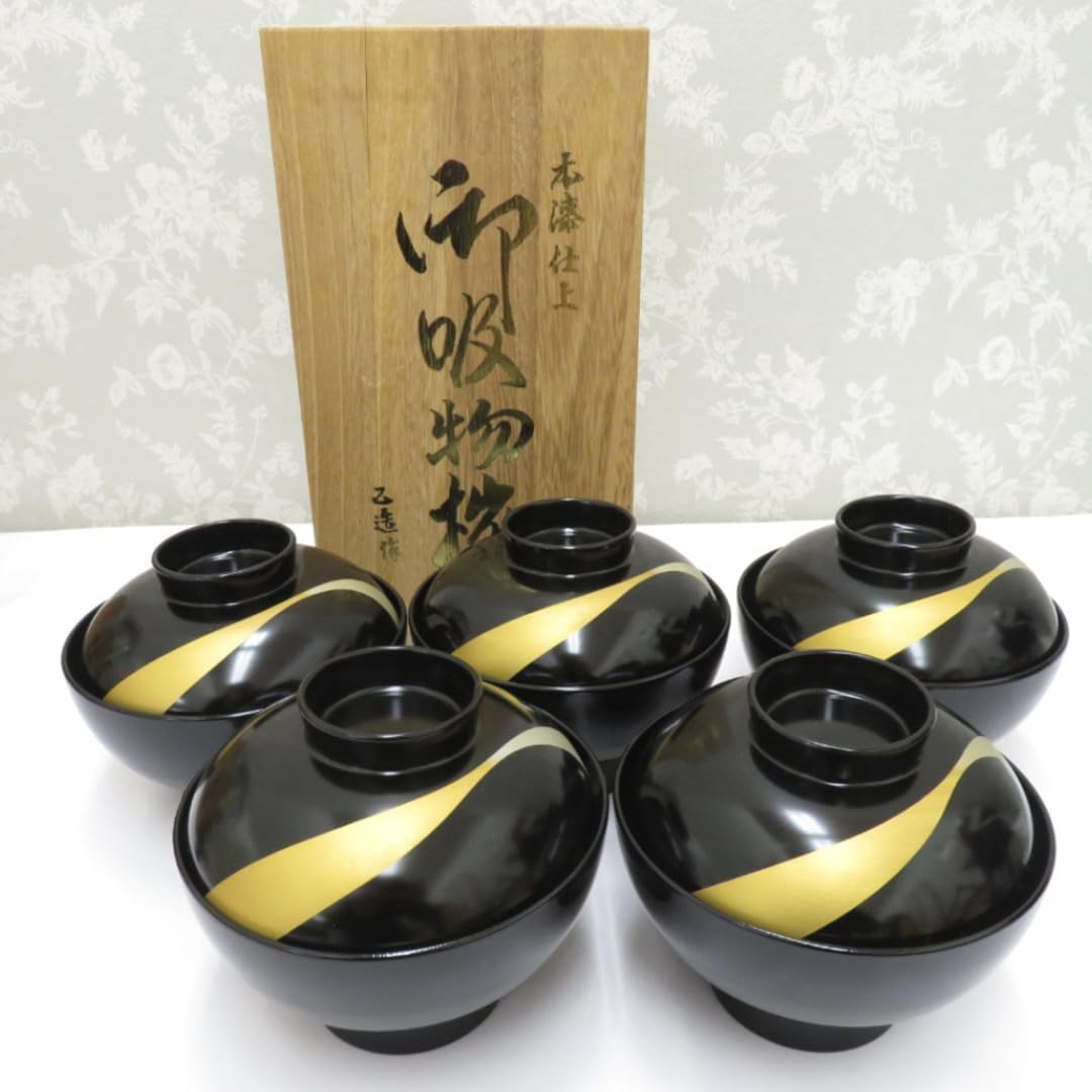 BJ084 時代輪島塗 金沢蒔絵 秋乃図蒔絵 吸物椀 二客 木製 切金 本金