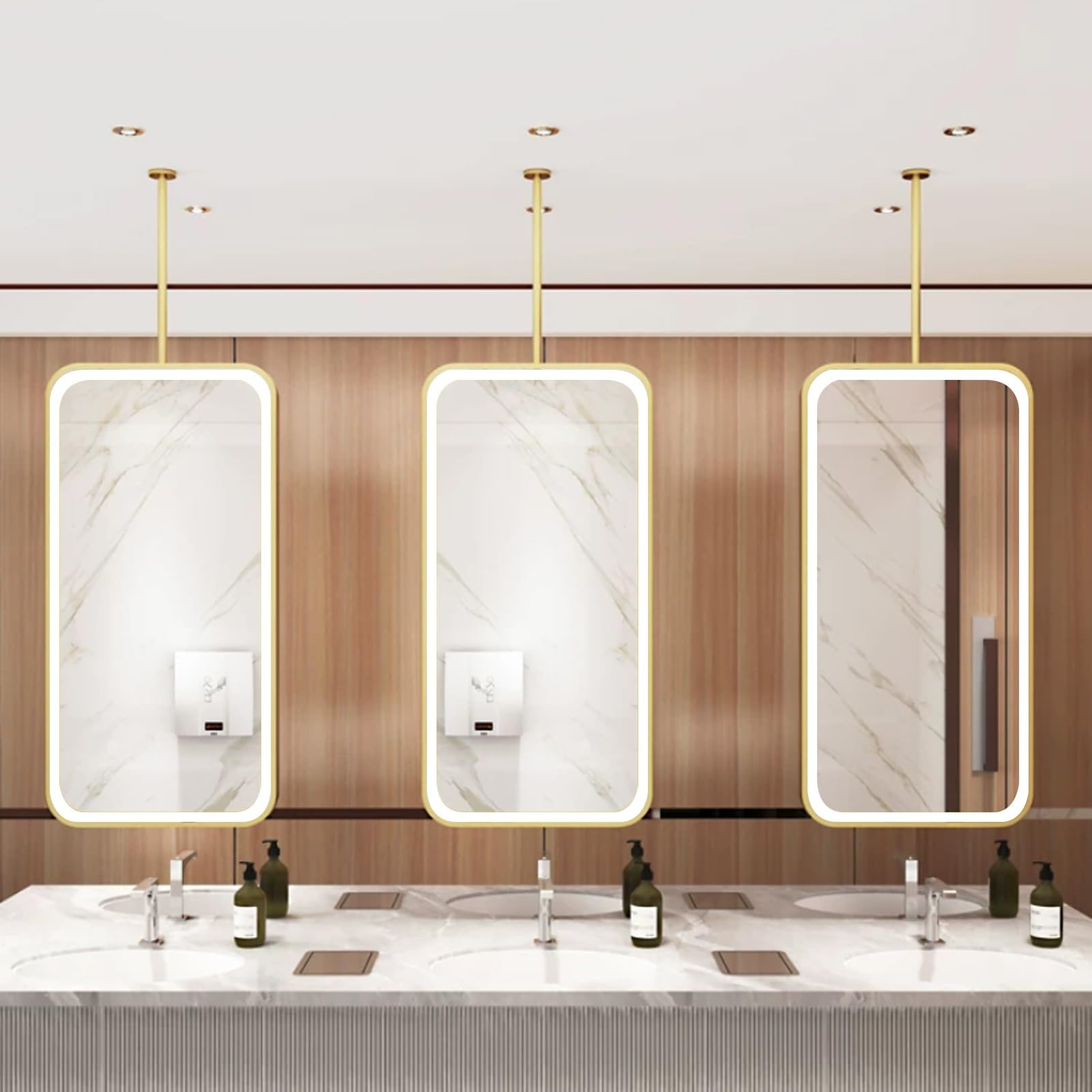 GLJTUO Ceiling Hanging Rod Mirror with LED Light,Gold Metal Frame Bathroom Vanity Mirrors Suspended Decorative Mirror,3 Colors Dimmable Wall For Home Or Hotel,size_name-50L x 60W cm