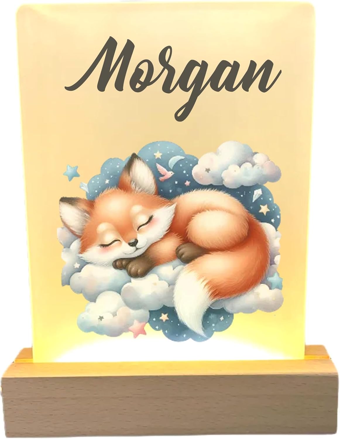 Nursery Bedroom Personalized Night Lamp Wooden Stand Personalized LED Light Lamp Customize Name Decoration Gift for Daughter Son Baby Boy Girl room decor (Sleep Fox)