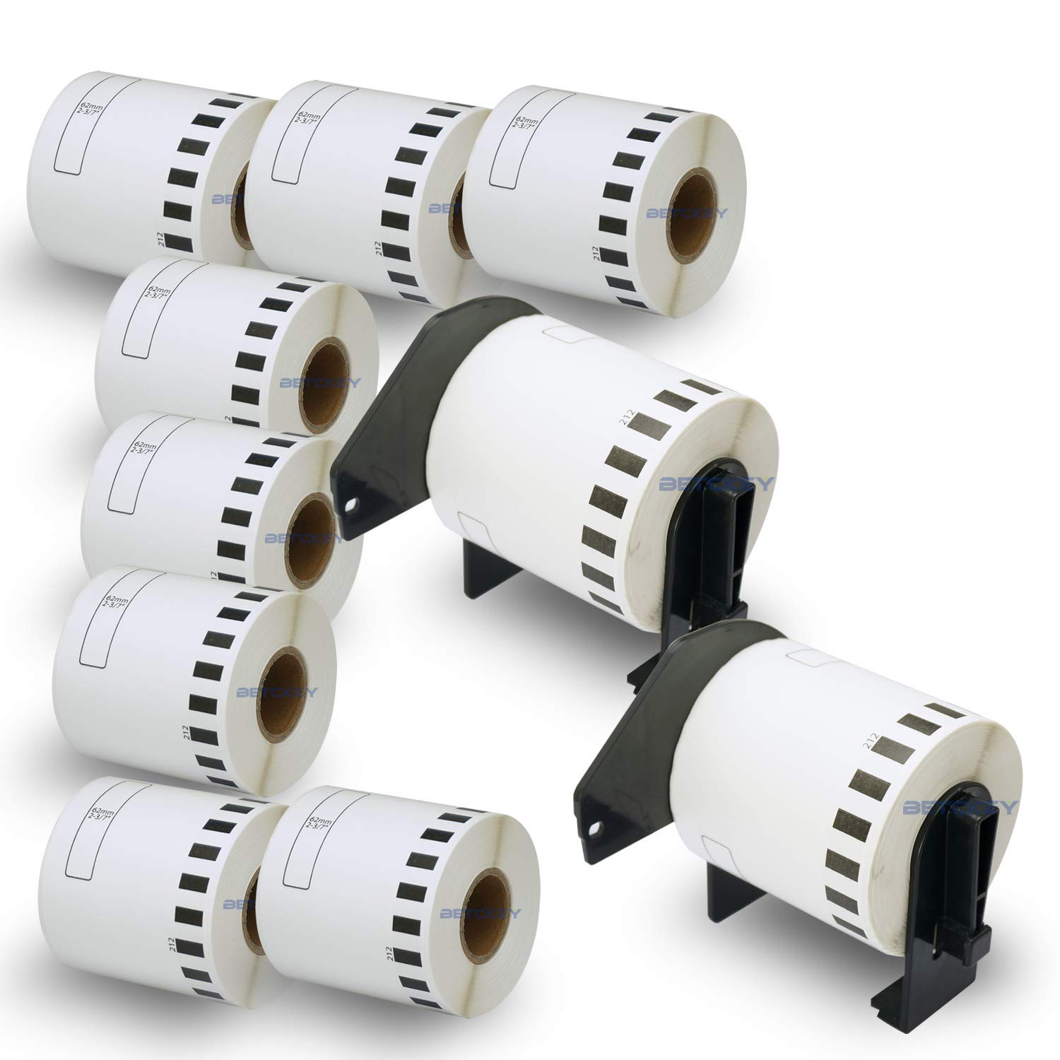 BETCKEY - 10 Rollos DK-22212 Etiquetas Adhesivas con Solo 2 Soportes de Etiquetas Reutilizables, 62mm x 15.24m, 10 Cinta Continua de Película Plástica para Brother QL Impresoras de Etiquetas