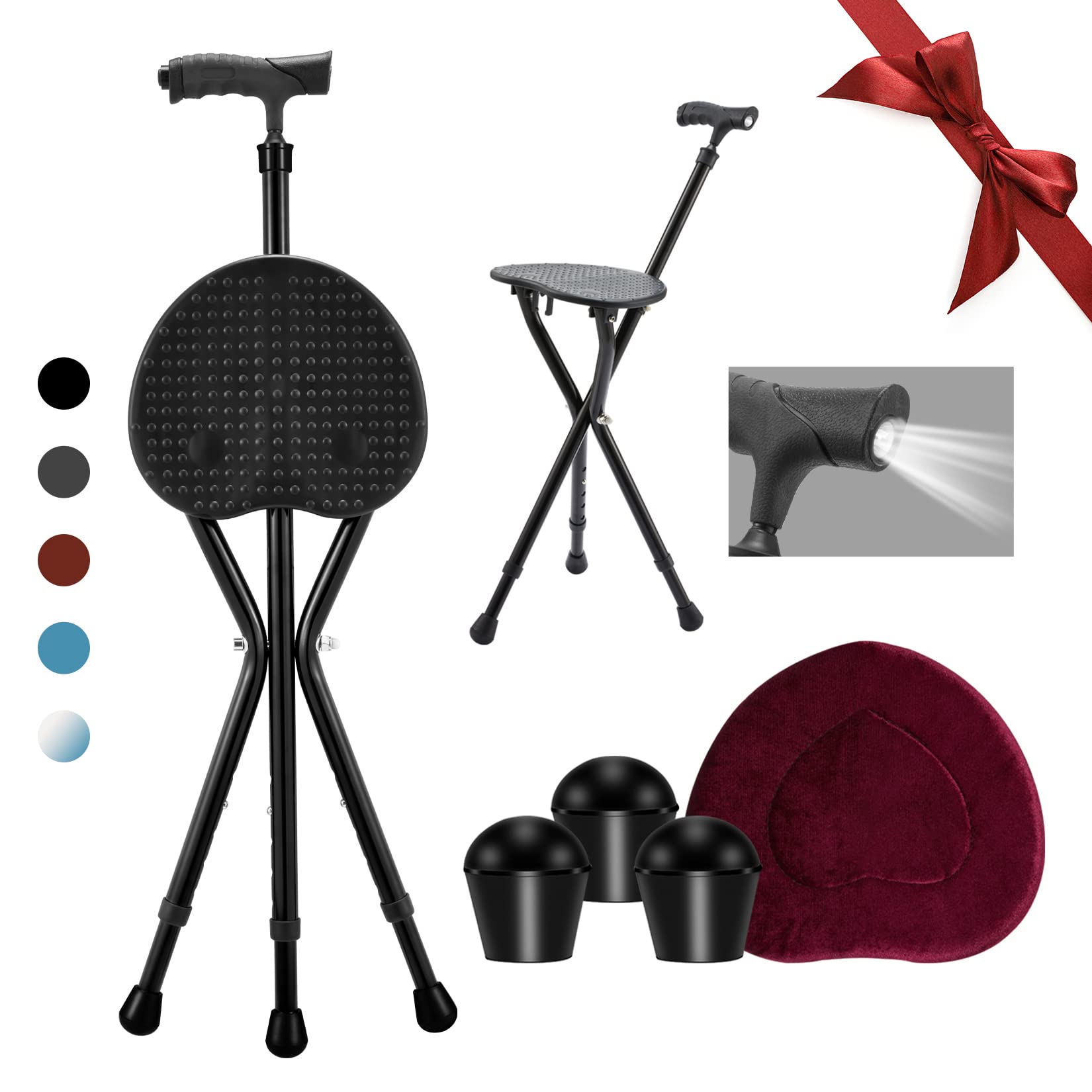 Walking Cane with Seat,Folding Cane Chair, Portable Crutch Chair with LED &Cushion Cover, Adjustable Height Outdoor Rest Stool Lightweight Walking Sticks for Elderly Seniors Women Men