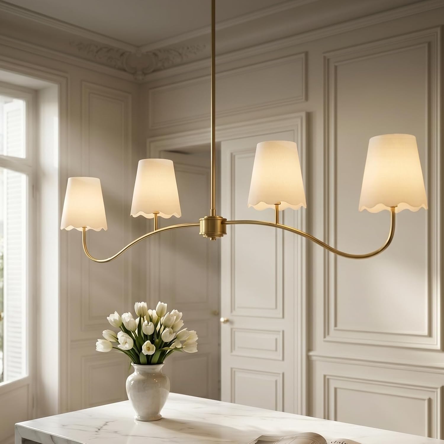 Maxax 44" Modern Gold Linear Chandelier, 4-Light Mid-Century Pendant Lighting with Scalloped Fabric Shades, Adjustable Kitchen Island Light Fixture for Dining Room & Living Room