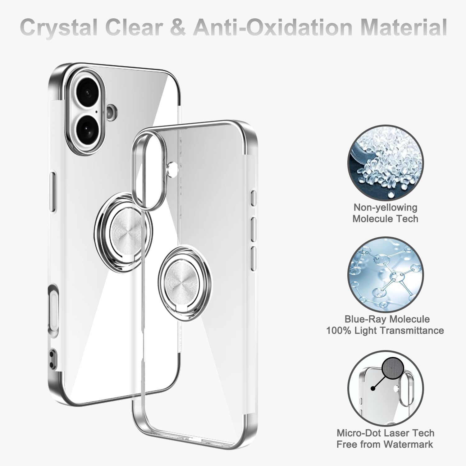 Tnarru Designed for iPhone 16 Clear Case with Stand [Magnetic Ring Holder Kickstand] Soft TPU Bumper Non-Yellowing Anti-Scratch Lightweight Slim for iPhone 16 Case Silver - Image 2