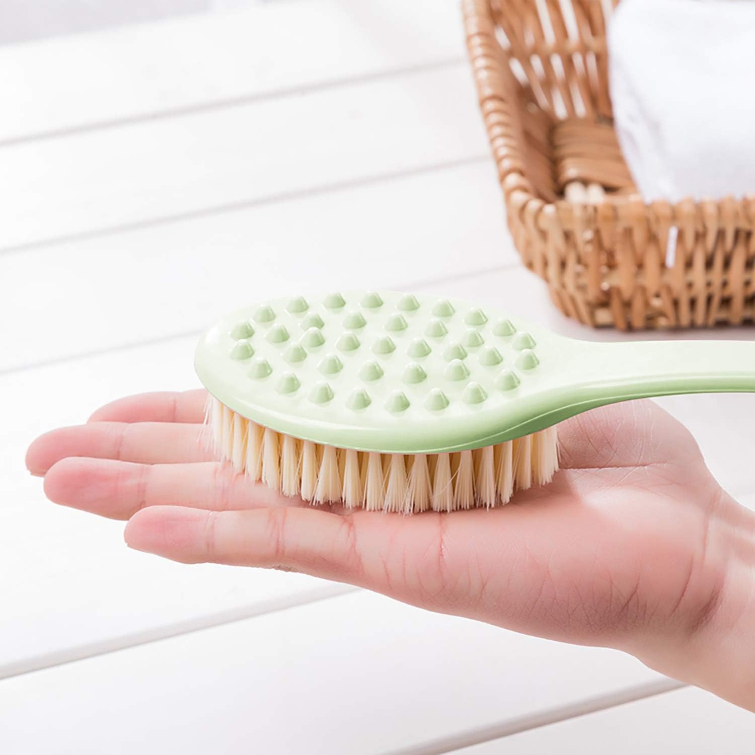 Bedelite Body Brush Mesh Sponge Massage Nodes 2 Pack with Himalayan Salt Rocks Back Scrubber Washer Soft Bristles and Loofah Bath with Curved Long Handle for Skin Exfoliating in Shower(Green)