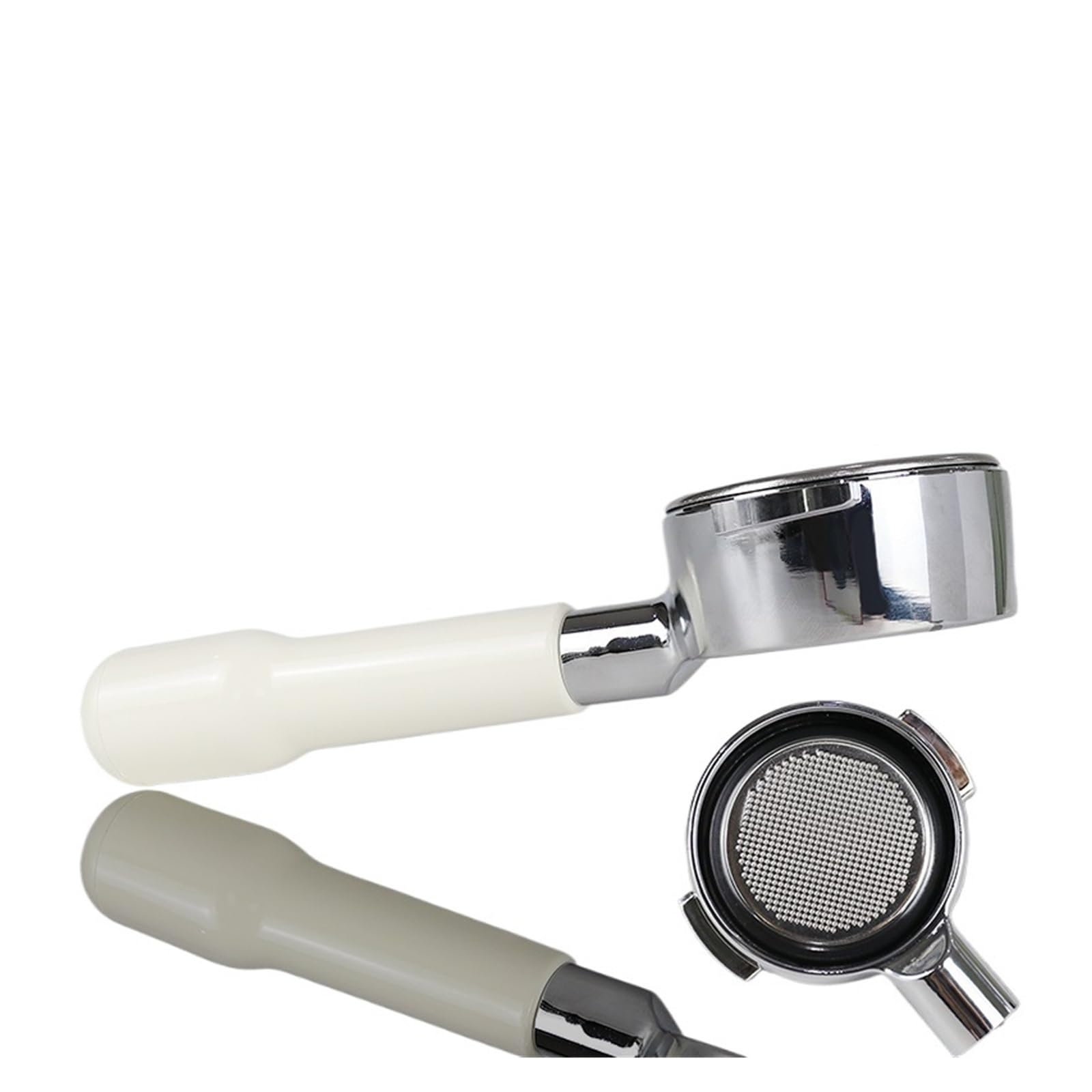 Portafiltro sin Fondo de Acero Inoxidable de 58 mm, portafiltro E61 con Mango Blanco, Compatible con Accesorios para máquinas de café Profesionales (58 mm).