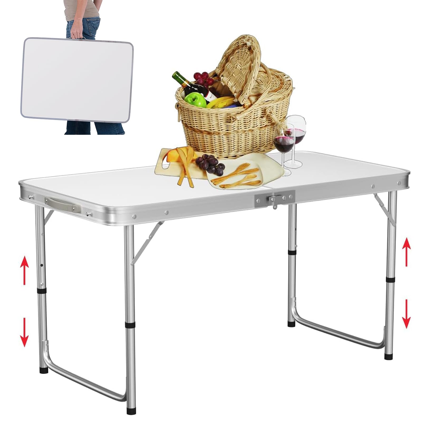 Aluminum Folding Table with Handle, Height Adjustable Trestle Table (55-70 cm), Sturdy and Durable Camping Table with Load Capacity of 50kg, for Outdoor Camping, Indoor Office Use, L120 x W60 x H70 cm