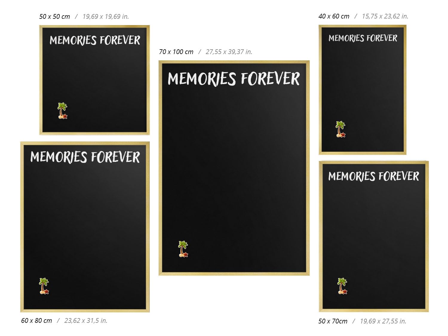 Pizarra Magnética de Pared 70x100 cm | con Marco Dorado | Memories Forever | Montaje Fácil | Tablero Imantado | Para Imanes Turísticos, Recuerdos de Viaje y Fotos | Decoración para Salón o Pasillo