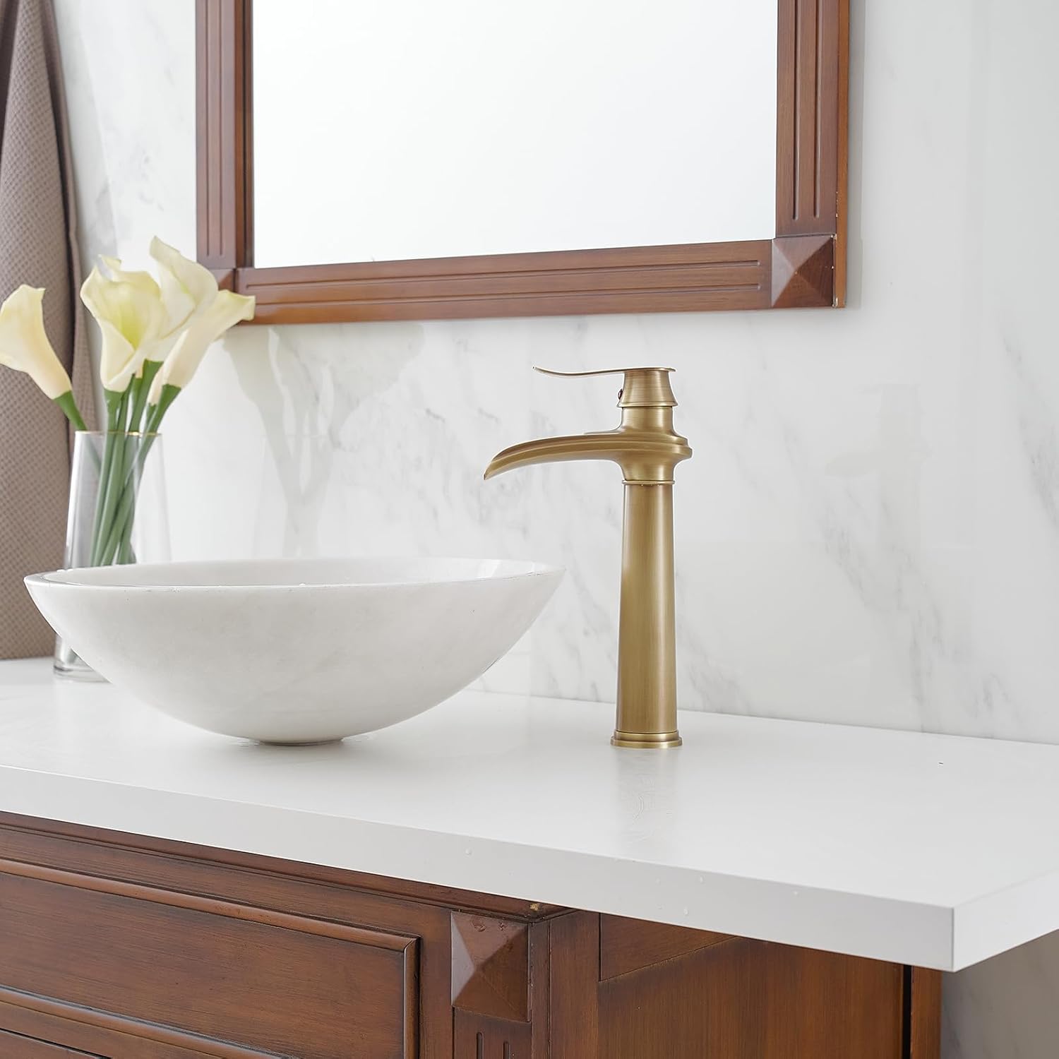 BWE Antique Brass Bathroom Vessel Sink Faucet Waterfall Spout Single Handle One Hole Solid Commercial Brass Lavatory Vanity Sink Faucet with Pop Up Drain