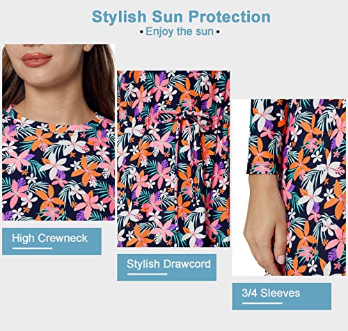 alvon Women Modest Swim Dress Knee Length Swimsuits Cover Ups UPF 50+ Sun Protection Long Sleeve Drawstring Floral XXL3