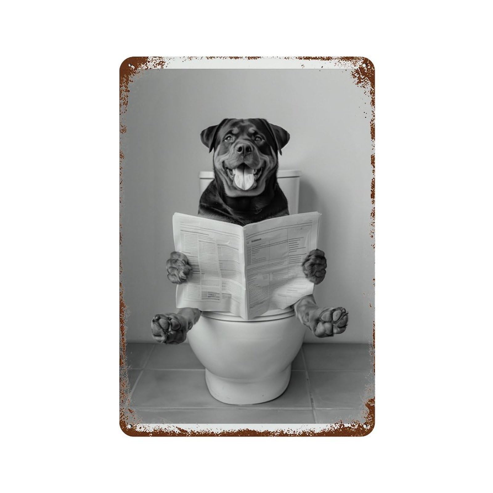 xiaoxiaoshen Rottweiler on Toilet Dog Reading Newspaper, Black And White Wall Decor Art Metal Tin Poster Modern Home Decor Art Home Bar Shop Decorations Vintage Sign 30x20cm