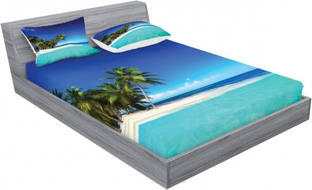 Ambesonne Ocean Fitted Sheet & Pillow Sham Set, Seaside View Tropical Island Coast Jungle Nature Landscape Picture, Decorative Printed 6 Piece Bedding Decor Set, Full, Royal Blue Turquoise