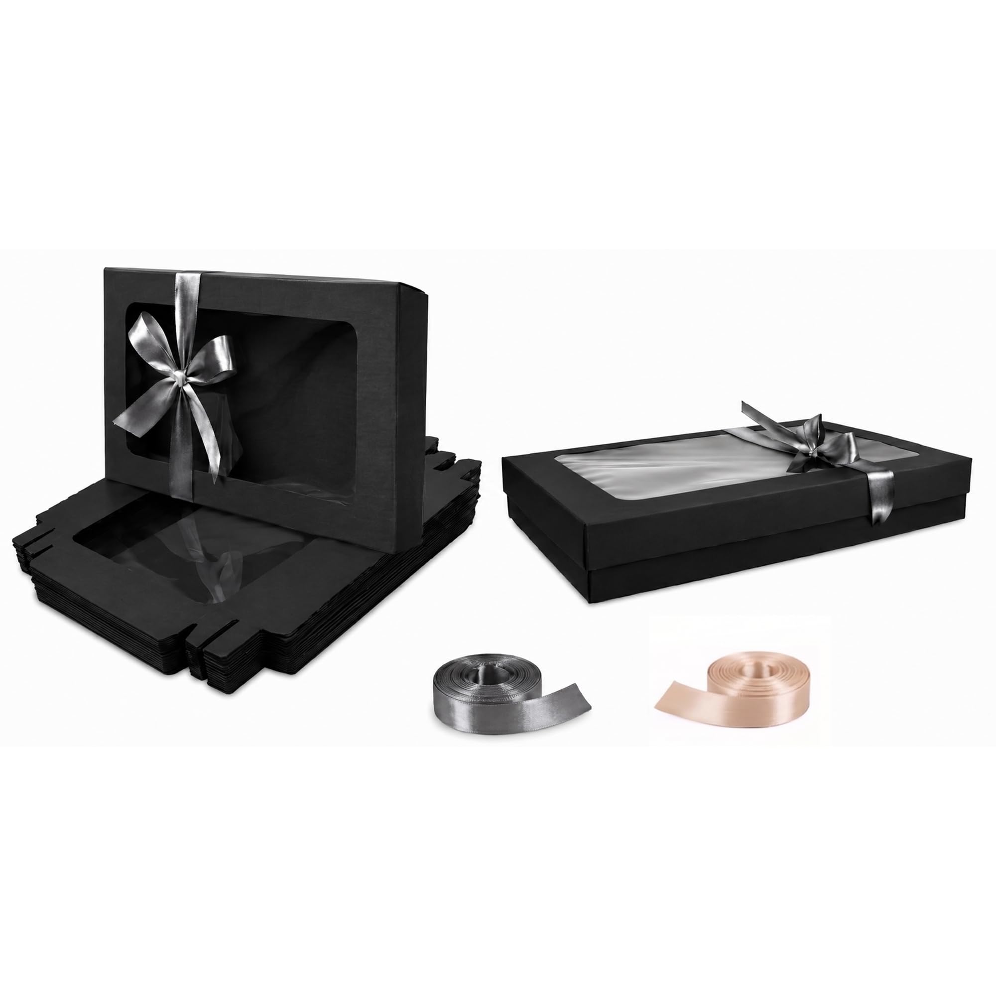 Emartbuy Pack of 12 Black Gift Boxes with Clear Window Lid & Grey Satin Ribbon - Large Wide 29.5 x 22 x 4.5 cm - Recyclable Kraft Presentation Box for Hampers, Treats, Weddings & Favours — image 1