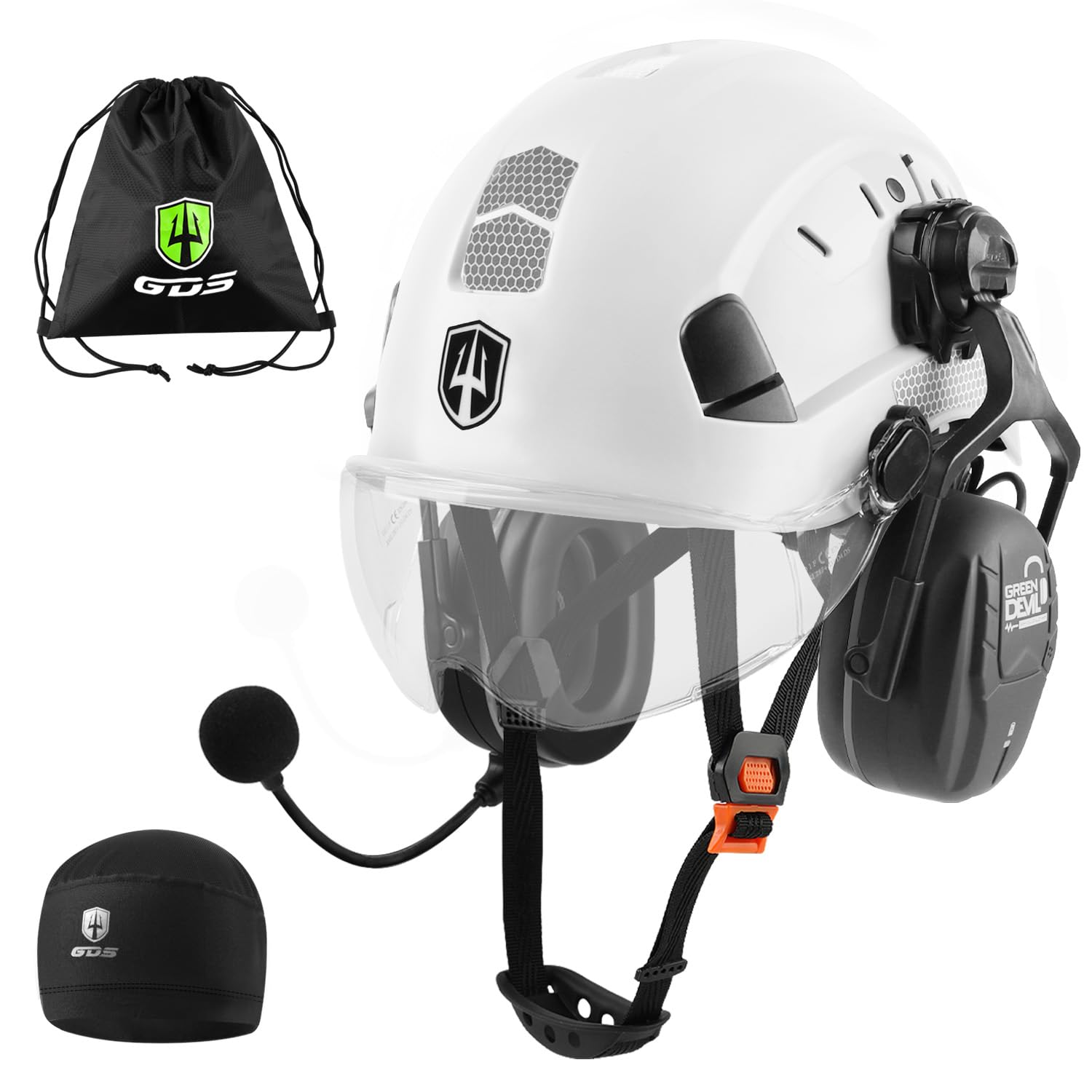 GREEN DEVIL Mervex Vent kask ochronny z aktywną ochroną słuchu i przezroczystym wizjerem, kask roboczy ABS, EN 397, kask przemysłowy zgodny z normą EN352 SNR 32 dB z Bluetooth
