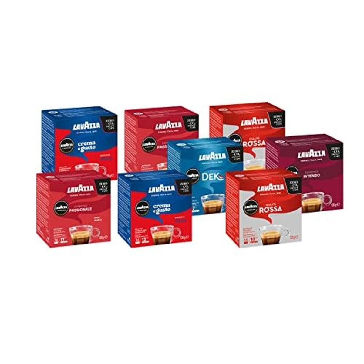 Lavazza, A Modo Mio, 128 Cápsulas de Café Sabores Surtidos, 8 Paquetes de 16 Cápsulas, 2 x Crema y Sabor, 2 x Calidad Roja, 2 x Passionale, 1 x Intenso, 1 x Dek Cremoso, (Cápsulas Lavazza Originales)