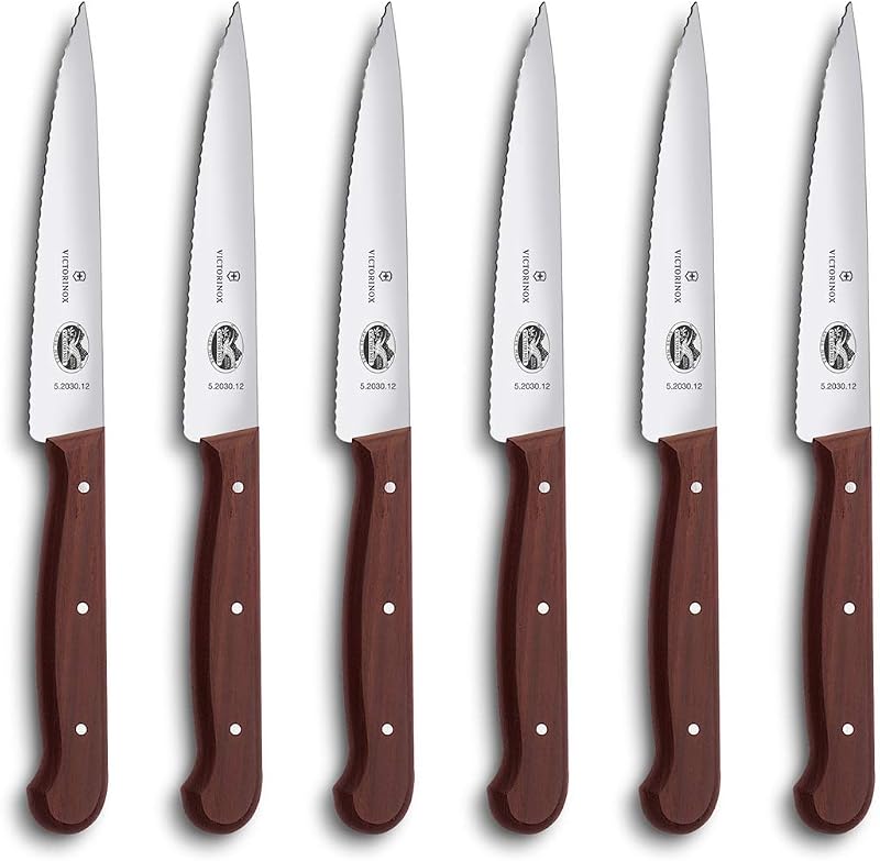 Wood 4-3/4-Inch Wavy-Edge Spear-Tip Steak Knife, Set of 6 | Ultra-sharp serrated stainless steel blades with ergonomic natural wood handles for effortless cutting and table service