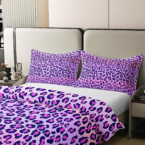 Leopard Print Cotton Duvet Cover Set Double Size Girls Pink Purple Cheetah Print Bedding Set Wild Animal Theme Comforter Cover Set for Girl Teens Bedroom Decor Bedspread Cover ( No Comforter) - Image 4