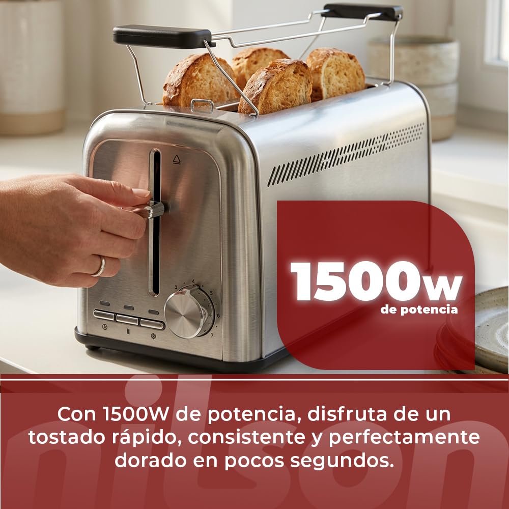 Toster do chleba z podwójnym gniazdem, 1500 W, 7 poziomów opiekania, sterowanie ręczne, timer, rozmrażanie, podgrzewanie i zamykanie, wyjmowana taca na okruchy, łatwe czyszczenie