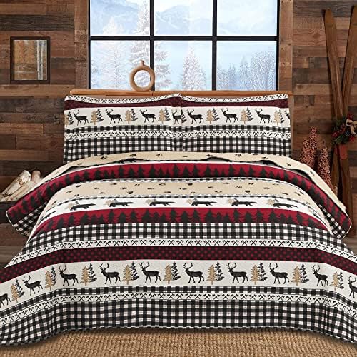 CHESITY Queen Size Quilt Lodge Bedspread Plaid Quilts Set Rustic Cabin Bedding Coverlet Black Deer Bear Paw Printed Reversible Lightweight Black White Patchwork Bed Cover Country Bedding Decor