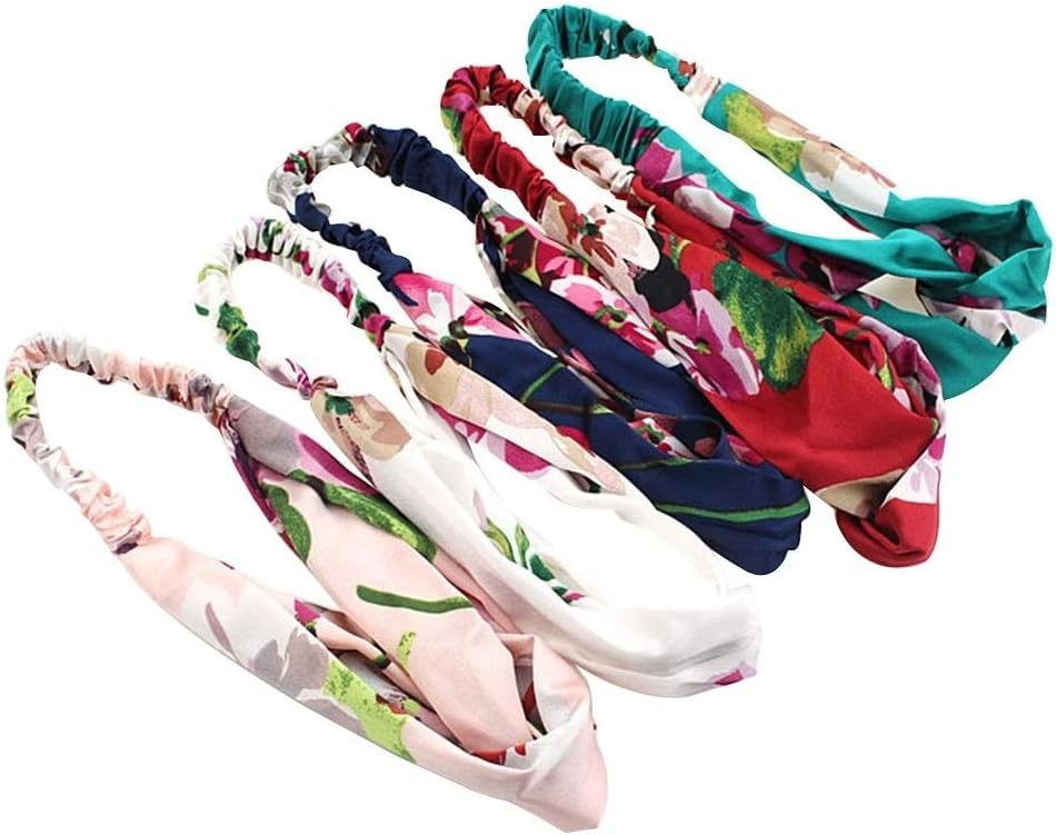 RubelaSonpal De-Ultimate (Set of 5) Solid Fabric Pattern Korean Style Knotted Vintage Printed Criss Cross Twisted Cute Cloth Stretchy Elastic Turban Head Wrap for Women and Girls - Multicolor