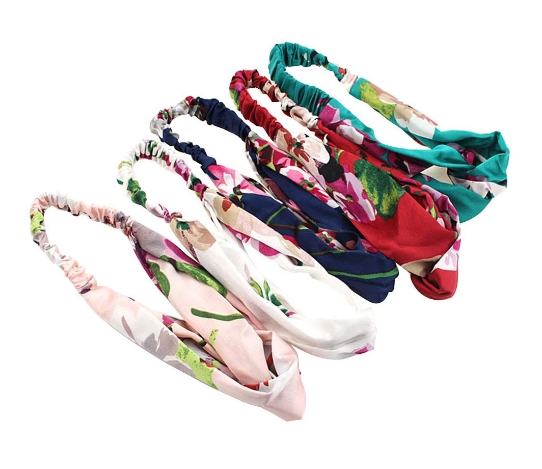 RubelaSonpal De-Ultimate (Set of 5) Solid Fabric Pattern Korean Style Knotted Vintage Printed Criss Cross Twisted Cute Cloth Stretchy Elastic Turban Head Wrap for Women and Girls - Multicolor
