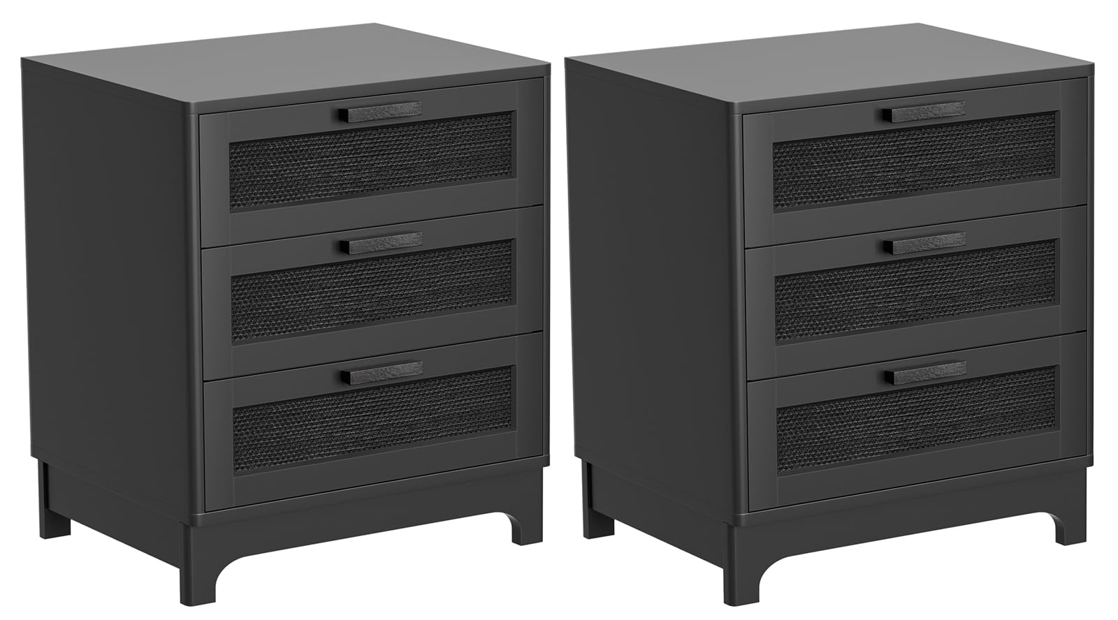 Anmytek Rattan Nightstand Set of 2, Farmhouse Night Stand with 3 Drawers Nature Rattan Storage Black Wood Bedside Table Sofa End Side Table for