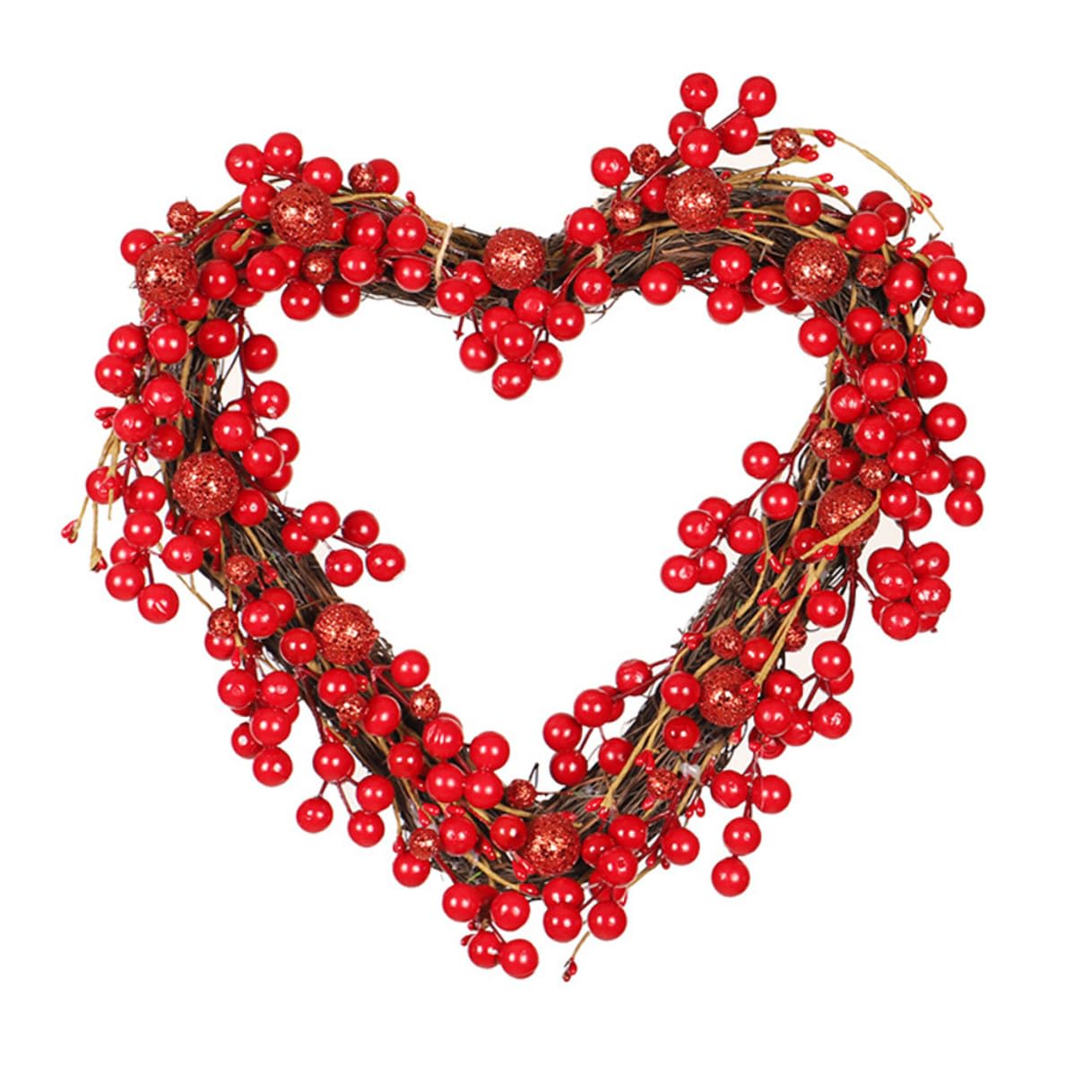 DOITOOL Roter Beerenkranz Herzform Valentinstagskranz aus Rattan mit Tür und Wandbehang Deko für Romantische Wohnraumgestaltung