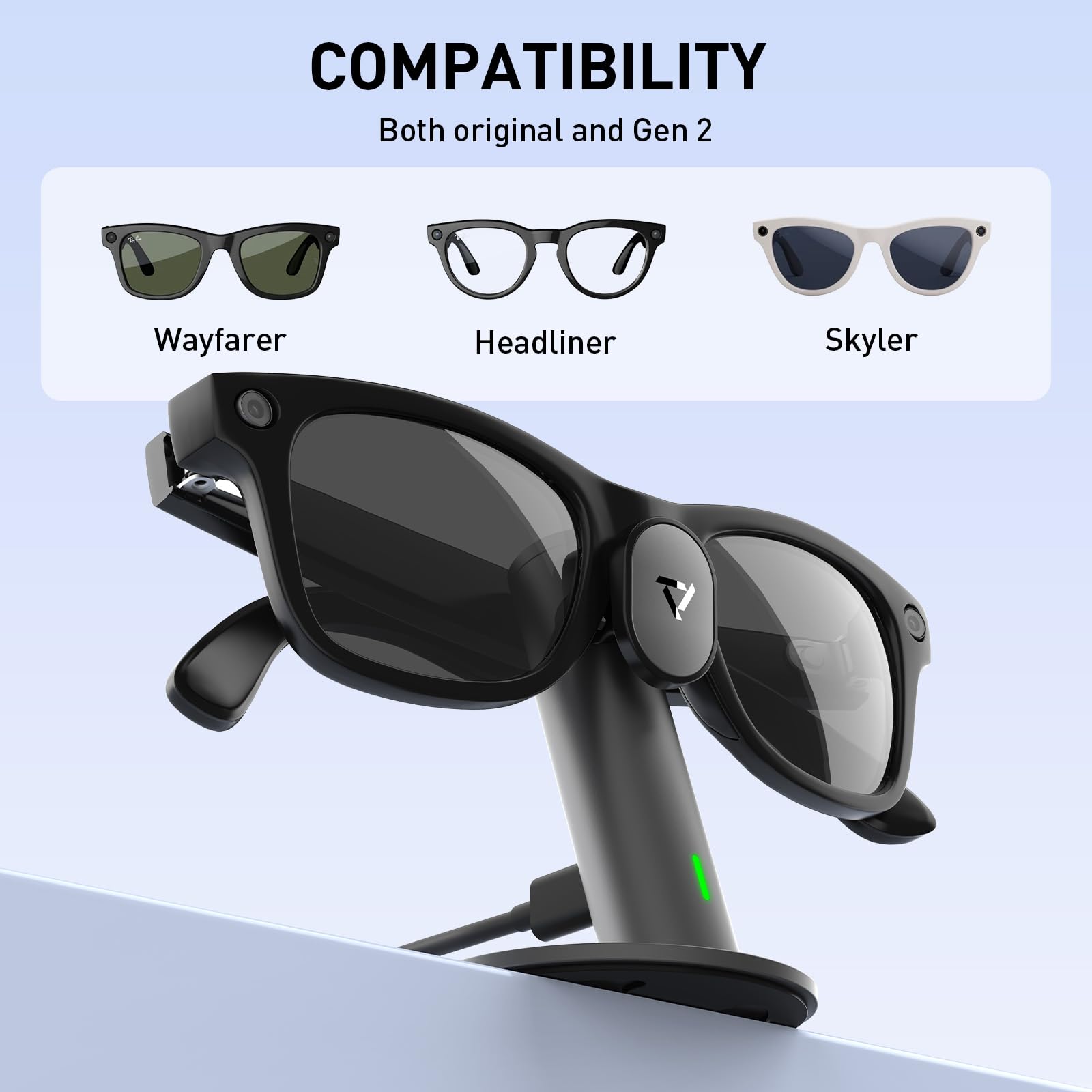 PRISMXR Estación de Carga Compatible con Ray-Ban Meta (Gen 1 y 2) Gafas Inteligentes, Base de Carga de Aluminio para Wayfarer/Headliner/Skylar, compacta y portátil para Viajes, Gris- Carina S1