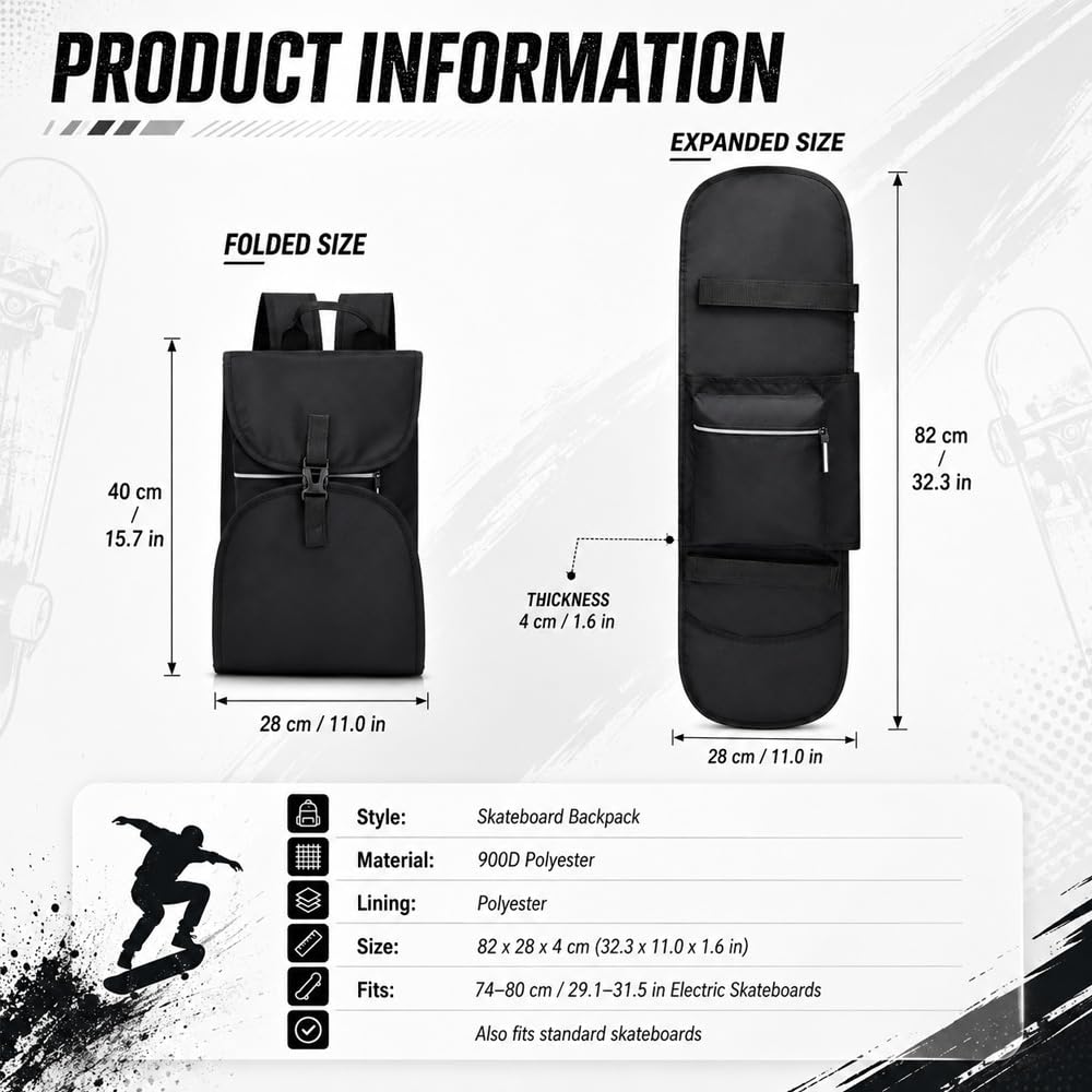 Sac à Dos Planche à roulettes pour Blind OG Stacked Stamp 8″ Complete,900D Épaissi pour Skateboard, Étanche et Pliable Sac de Rangement, Lightning