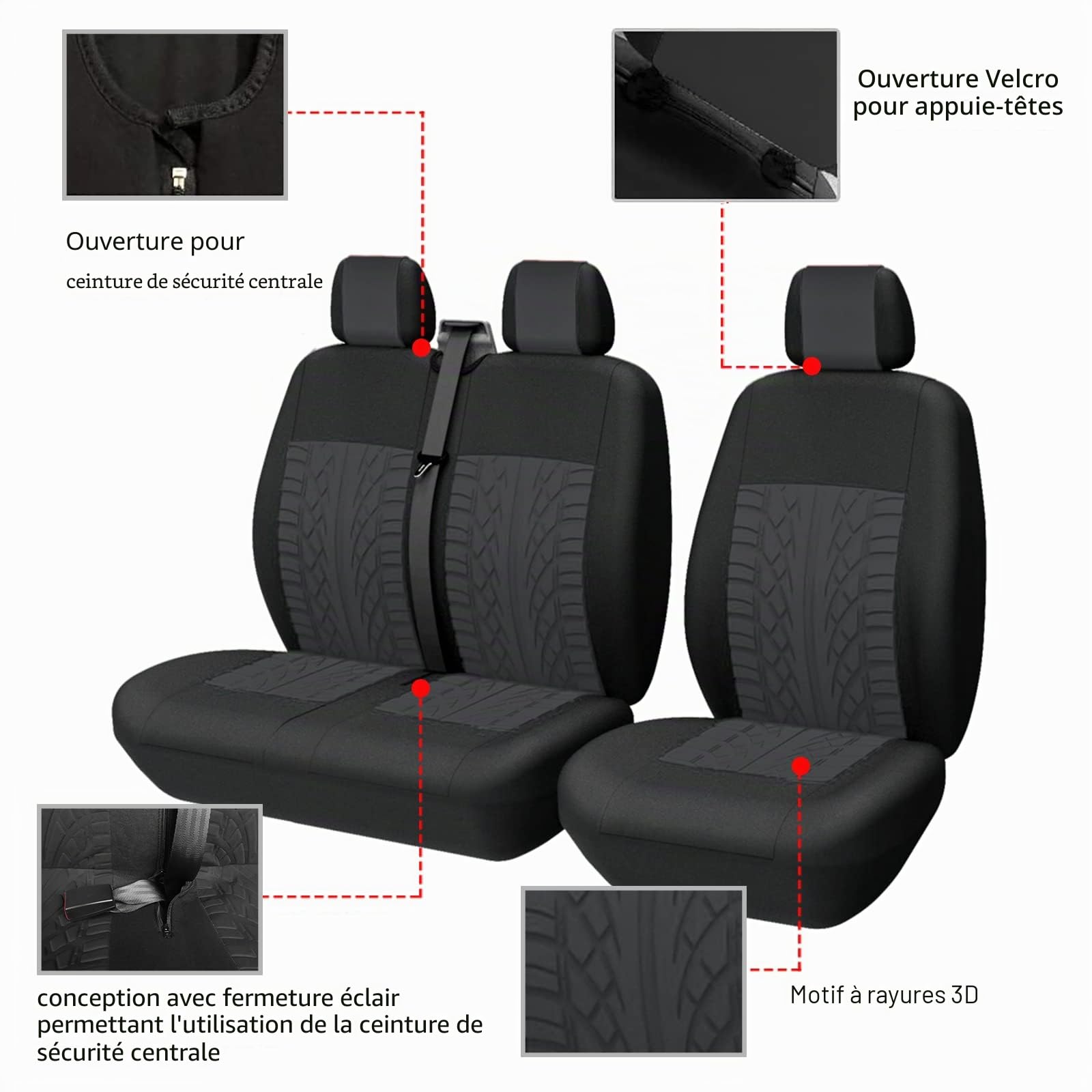 TOYOUN Housses de Sieges Universelles, Housse Couverture Couvre Sieges pour Camion Camionnette Van Bus pour conducteur et Passager 2 + 1, Housses de siège Avant Simple et Double, Impression 3D, Noir