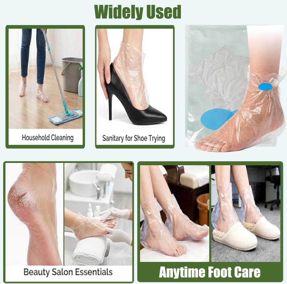 100Pack Individually Wrapped Disposable Plastic Moisturizing Socks with Fix Stickers;Hygienic and Anti-Slip Design;Leak-Proof Foot Covers for Moisturizing,Paraffin Bath, Pedicure, Spa,Foot Care