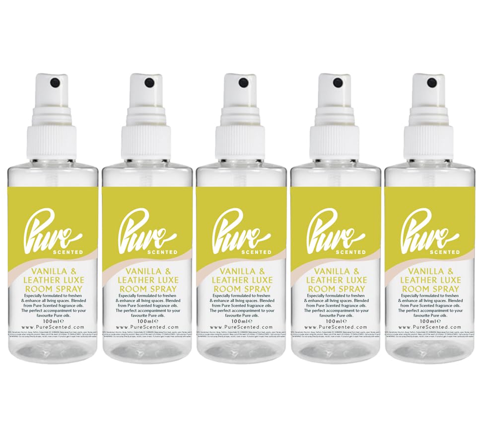 Pure Scented 500ml Room & Fabric Sprays 5 x 100ml Suitable For Home, Car, Caravan, Work, Gym Bags, Odour Eliminators (5 x 100ml, Vanilla & Leather Luxe)